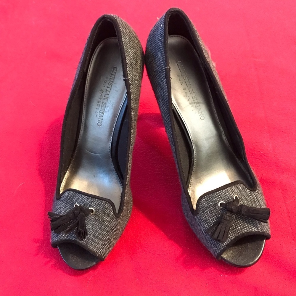 Gray Black Tweed Tassel Peeptoe High Heels size 9